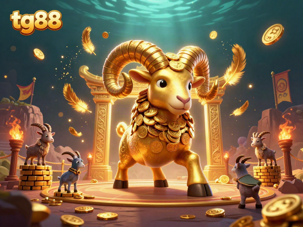 Experience the thrill of tg88 with a dynamic 3D illustration featuring an epic golden ram charging toward a golden gate amidst swirling golden feathers and betting tokens.