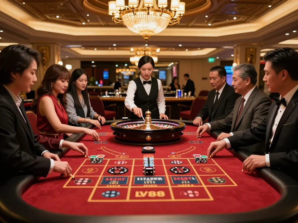 Players engaging in roulette at LV88 casino, showcasing excitement and strategic betting.