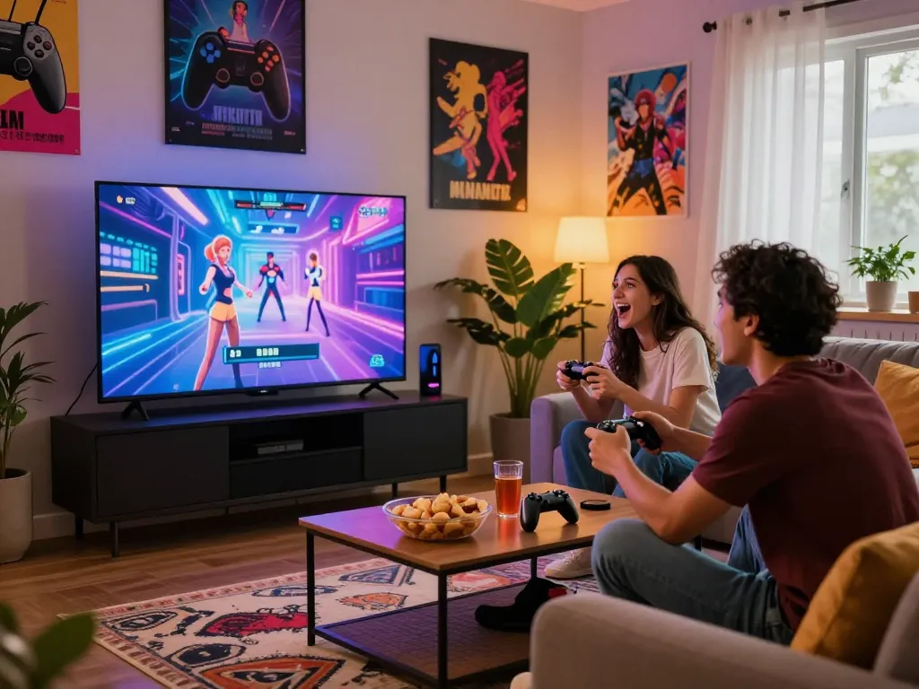 Friends enjoying an exciting gaming night playing interactive porn games in a cozy living room.