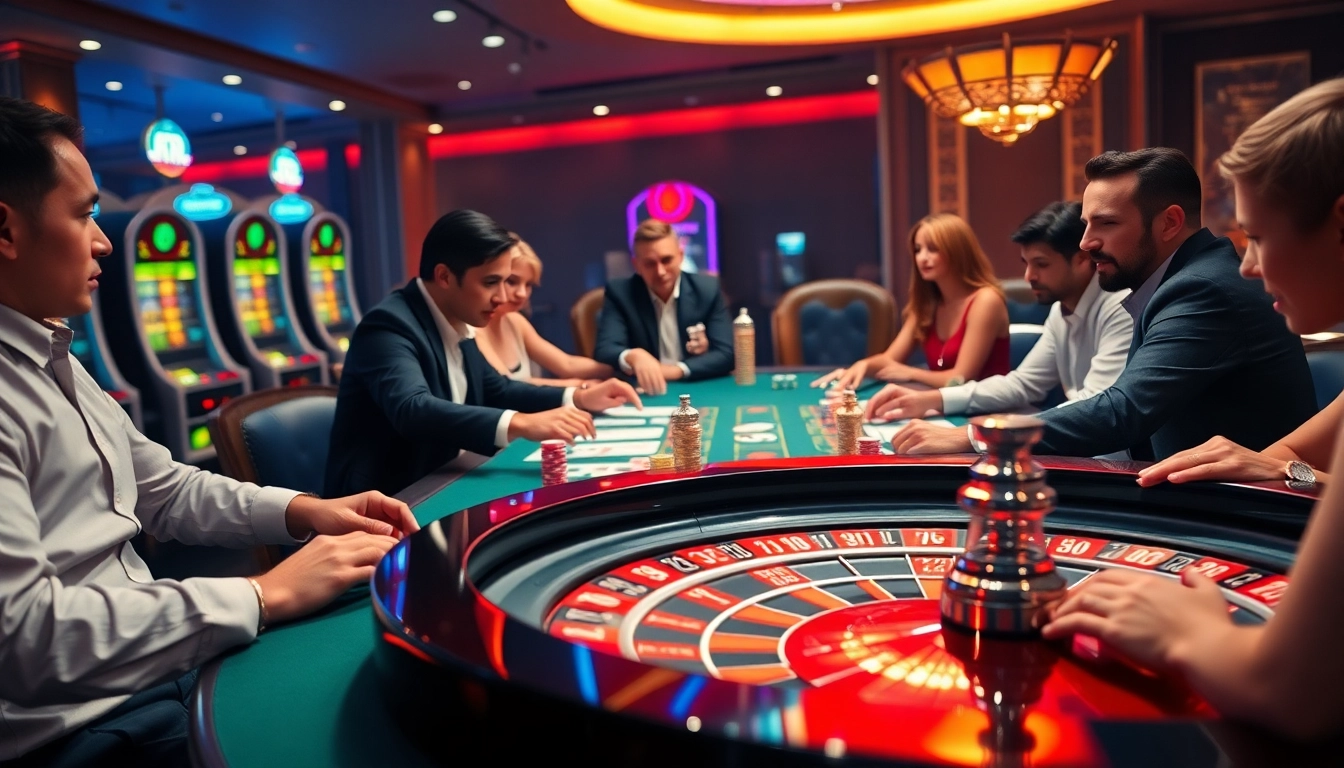 8DAY casino scene with players excitedly betting at a luxurious gaming table showcasing cards and chips.