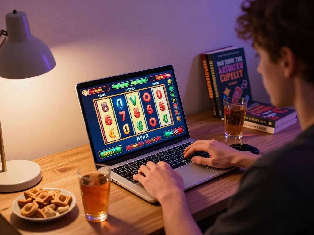 Nohu90 player enjoying an online slot game at home, showcasing excitement and strategy.