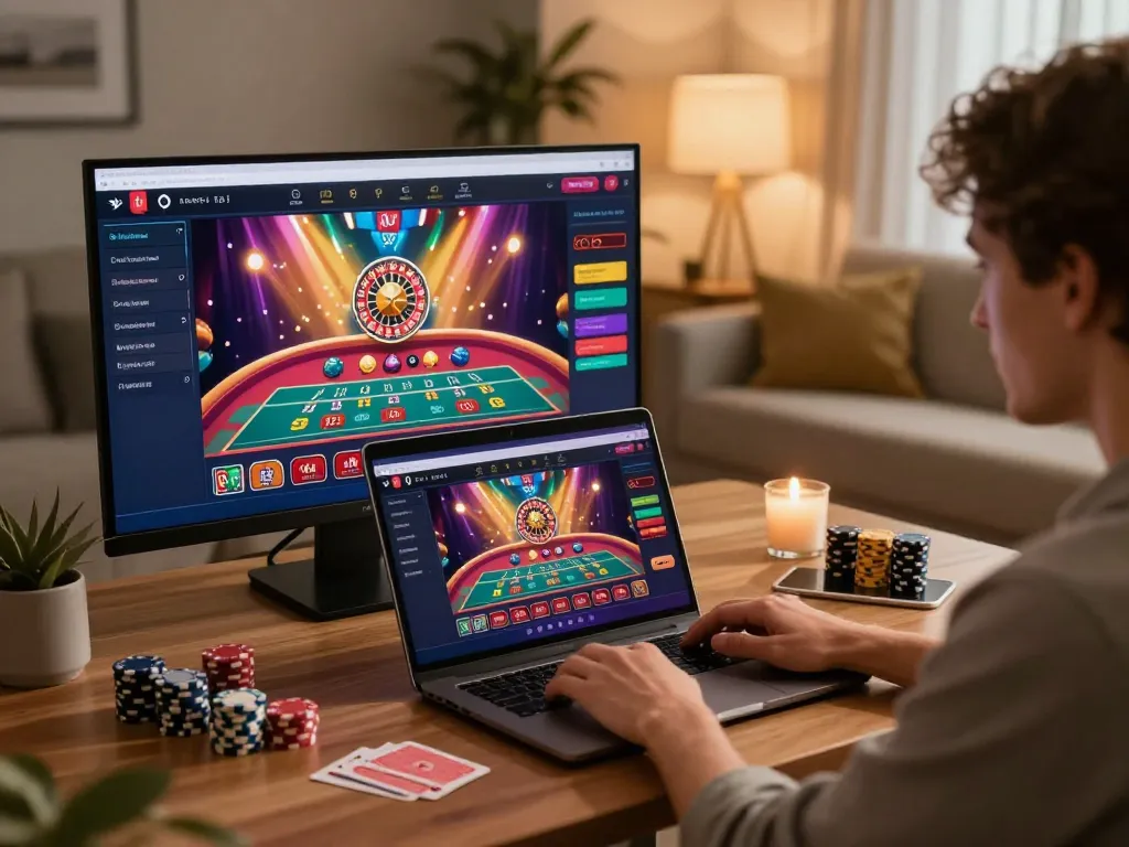 Experience dynamic gameplay at Ee88's online casino with engaging live dealer games and immersive home setup.