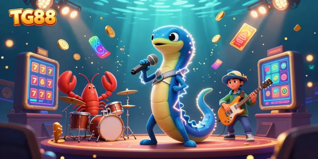 Experience the excitement of TG88 as a DJ electric eel performs in a vibrant underwater casino.