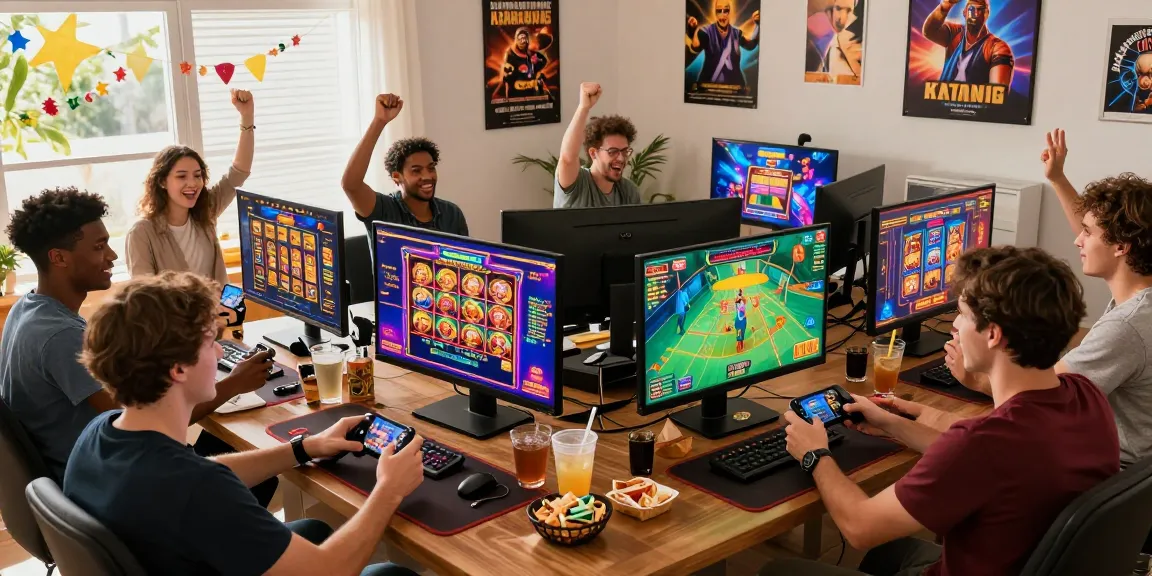 Cheerful players celebrating wins while enjoying games on https://hm88.review/ in a lively home gaming setup.