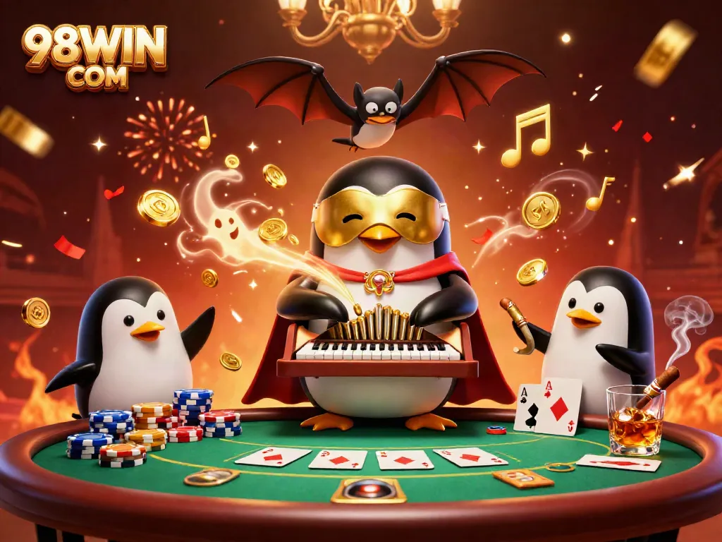 Engage in thrilling casino experiences with 98WIN COM, featuring a dynamic illustration of a playful penguin playing a pipe organ amidst poker excitement.