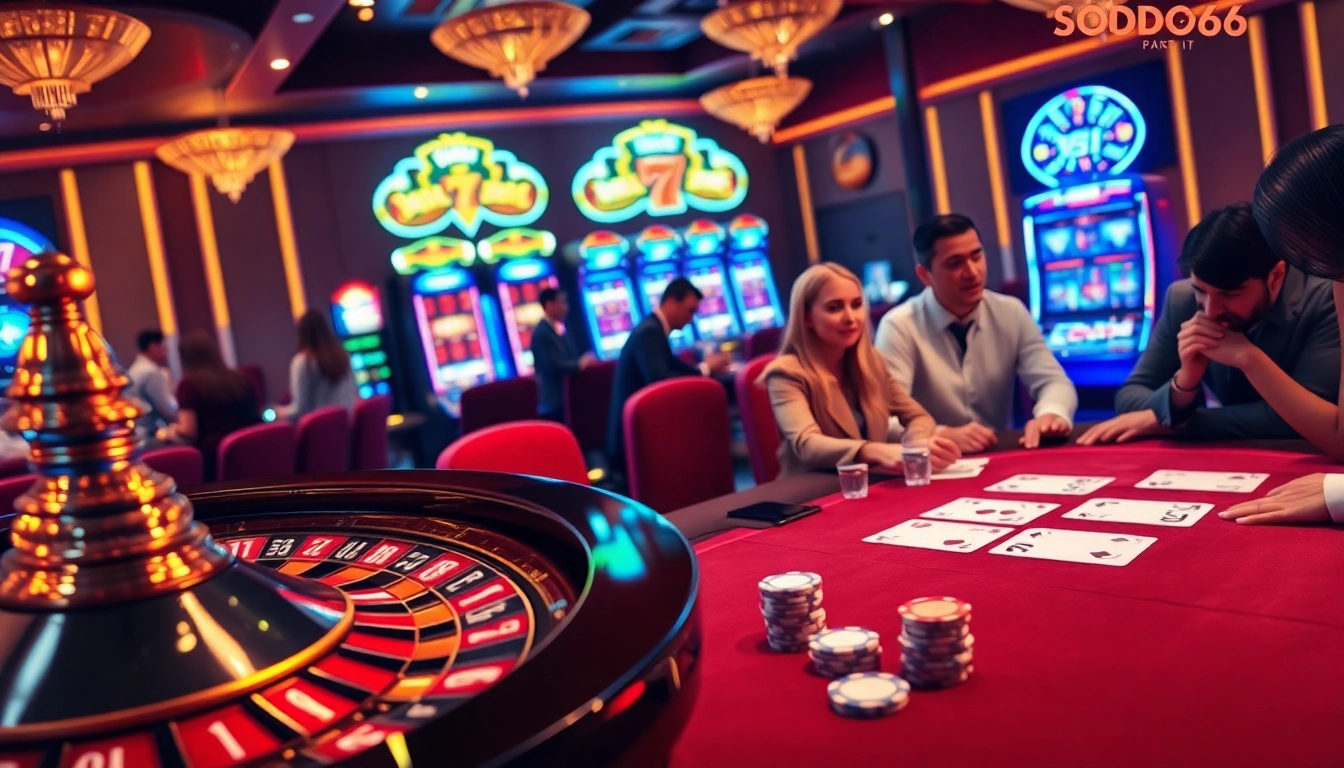 SODO66 casino scene showcasing players at roulette, poker, and slots in an engaging atmosphere