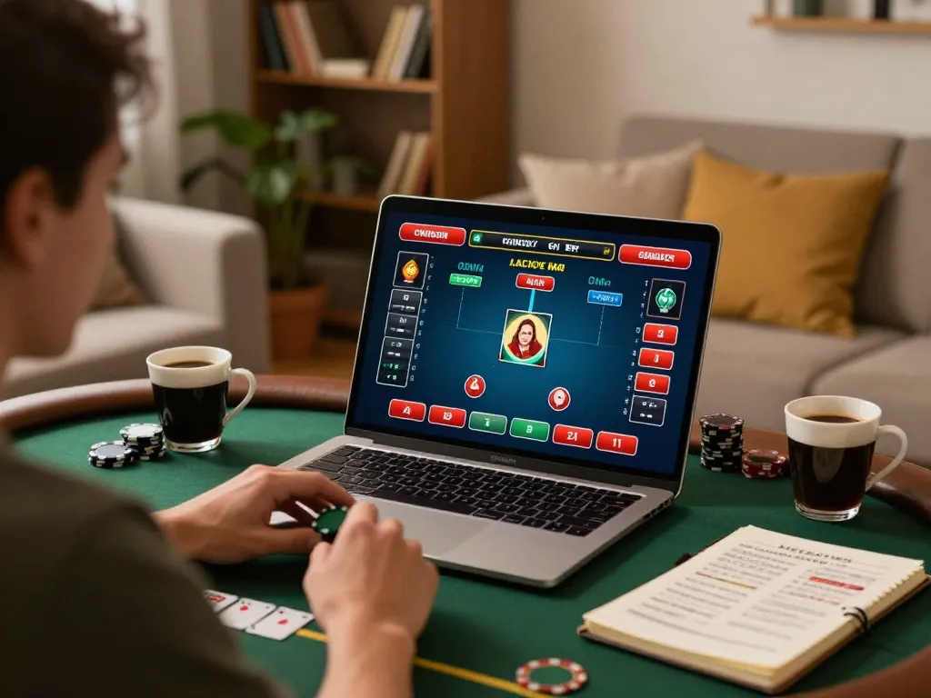 Engaged player enjoying online poker gaming on laptop, showcasing hitclub strategies in a cozy environment.