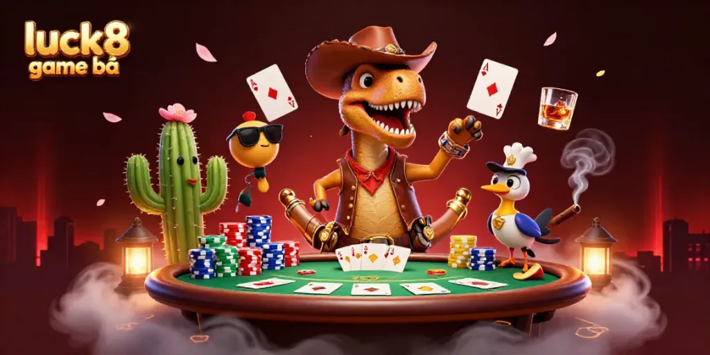 Engage with thrilling luck8 game bài experiences at an exciting poker table with cartoon characters.