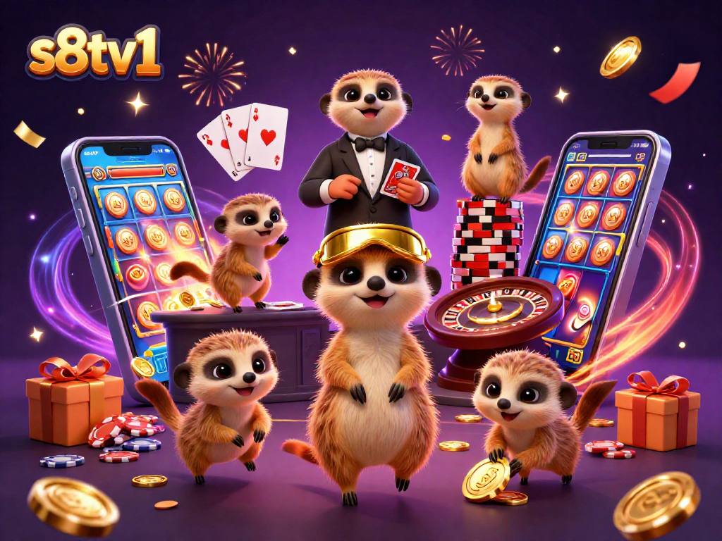 S8TV1 meerkats running a lively casino operation surrounded by vibrant gaming elements.