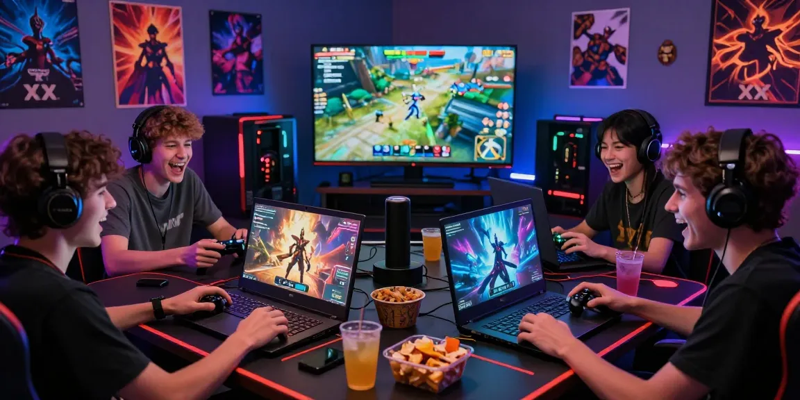Friends playing xxx games in an energetic gaming setup with laptops and vibrant atmosphere.