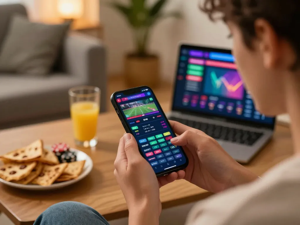 Engaging player using 33win for live sports betting excitement at home in a modern setting.