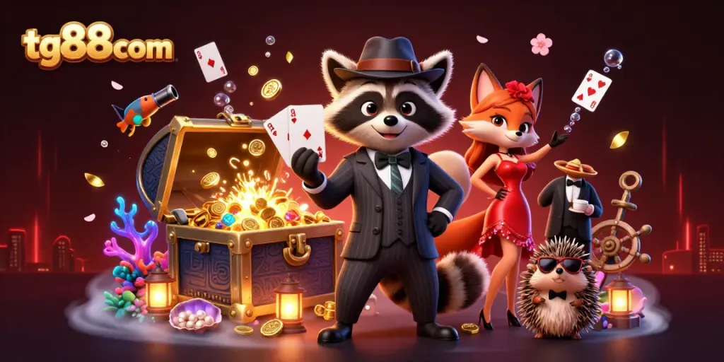 Experience thrilling games at tg88com with raccoon and fox enjoying casino fun.