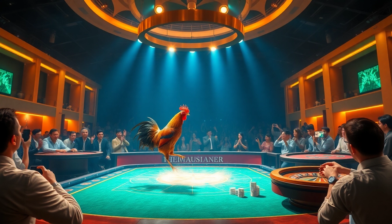 Exciting Đá gà 8KBET action with cheering crowds and high-stakes gambling elements showcased.