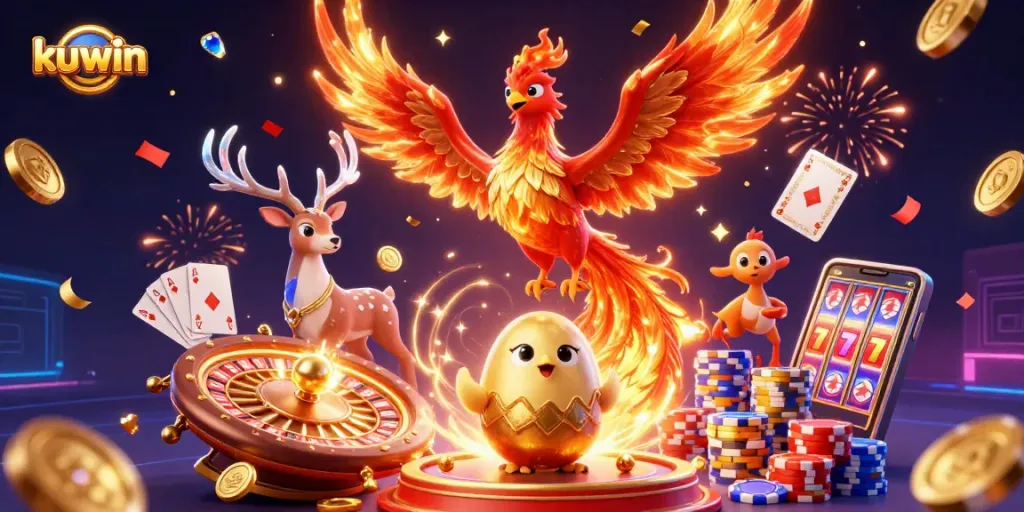 Kuwin’s vibrant phoenix and stag illuminate a thrilling casino scene filled with winning gold coins and cards.