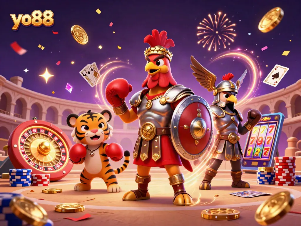 Join the action at yo88 with a vibrant 3D illustration of a gladiator rooster and casino elements.