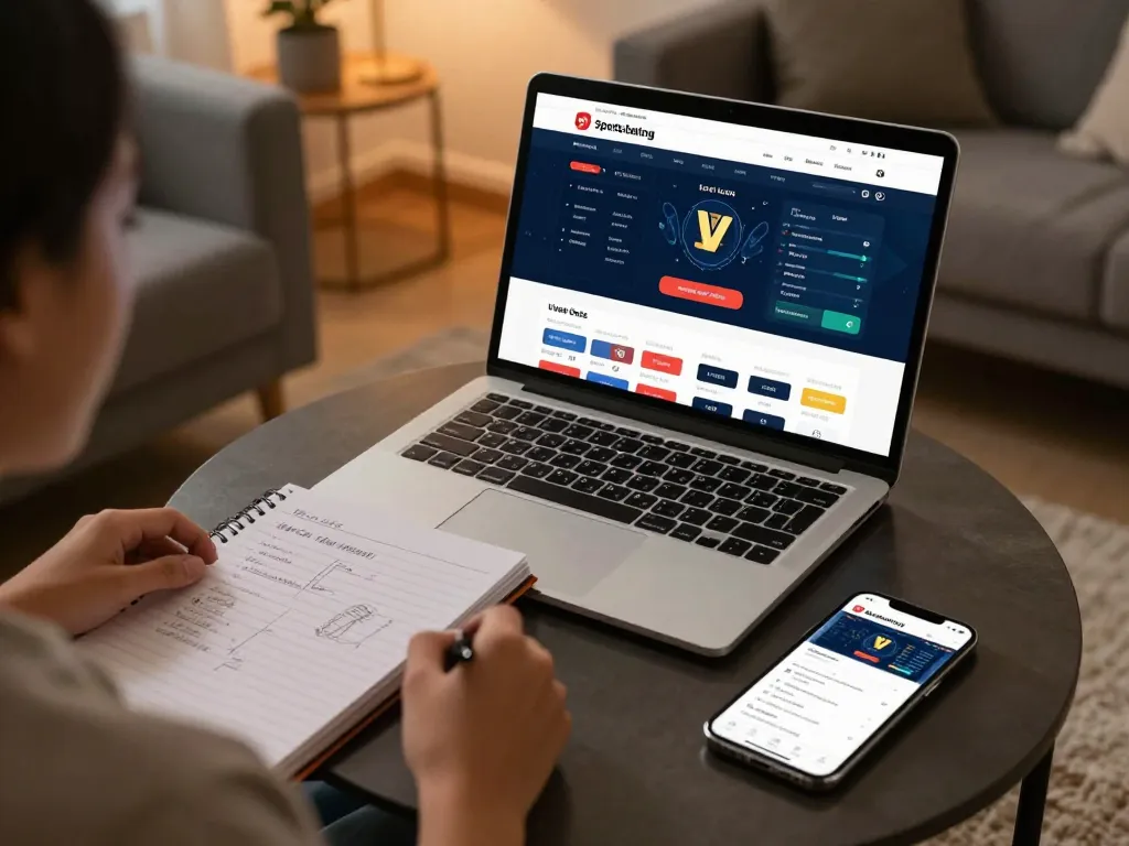 Engaging in sports betting at tylekeonhacai88 with live odds displayed on laptop in cozy home setting.
