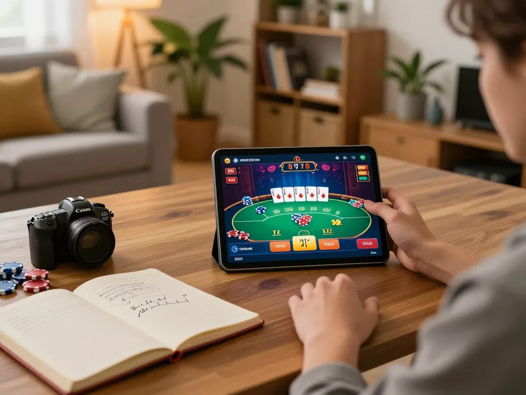 Engaging with online poker on nk88 trang chủ using a tablet in a cozy home setting.