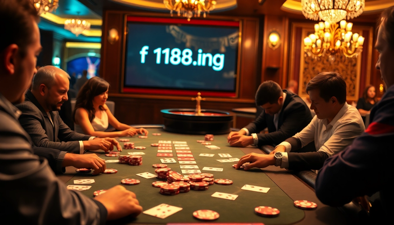 Experience thrilling poker action at f168.ing with vibrant chips and luxurious casino tables.