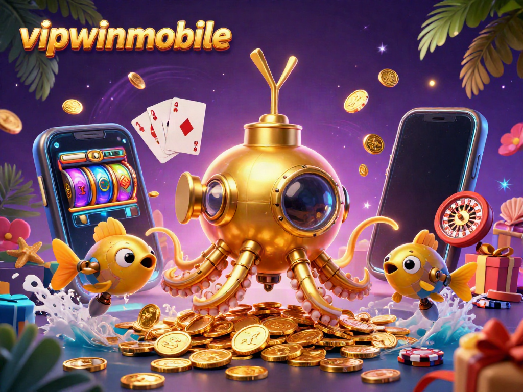 Play exciting games with vipwinmobile's golden kraken submarine amid coins and dynamic gaming elements.