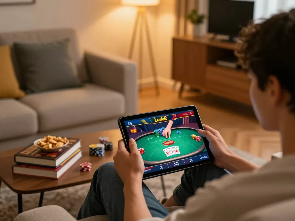 Engaging gameplay at Luck8 casino on a tablet, featuring poker cards and chips in a cozy home setting.