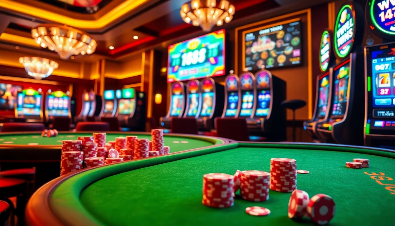 Experience thrilling online gambling with WW88's vibrant casino scene featuring tables, chips, and slot machines.