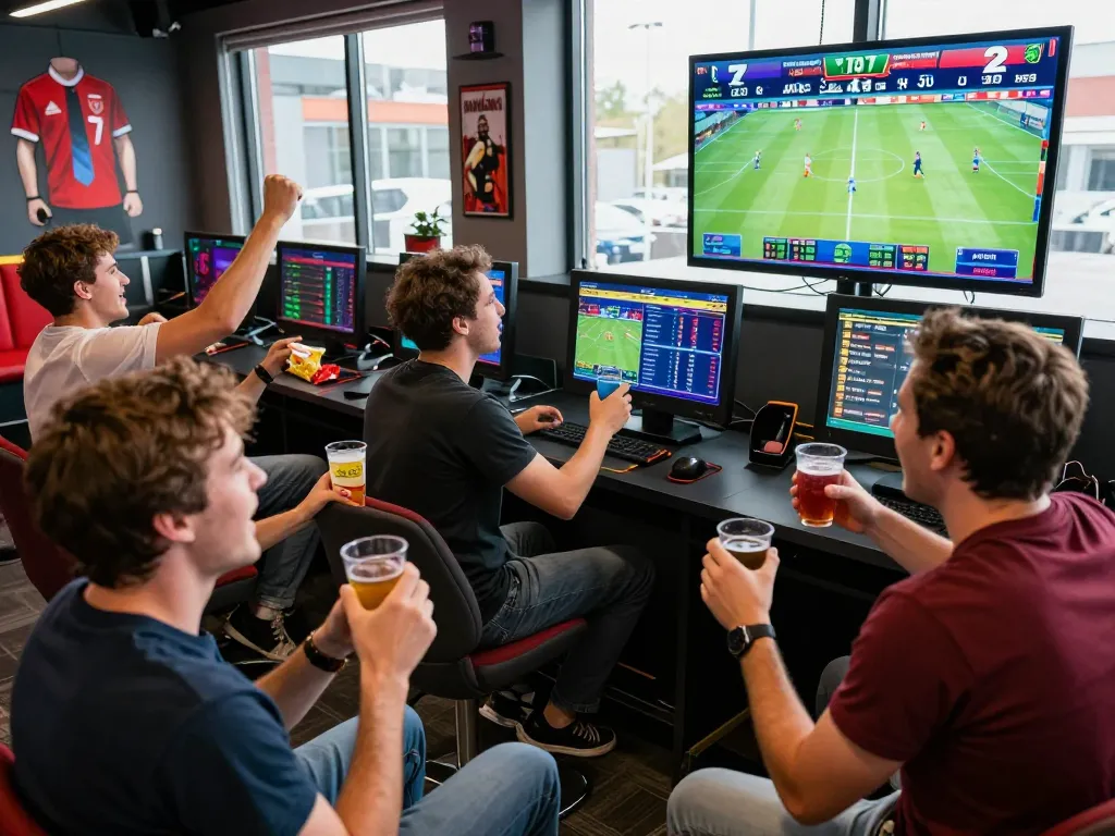 Fans enjoying the excitement of sports betting at a vibrant lounge featuring sunwin games
