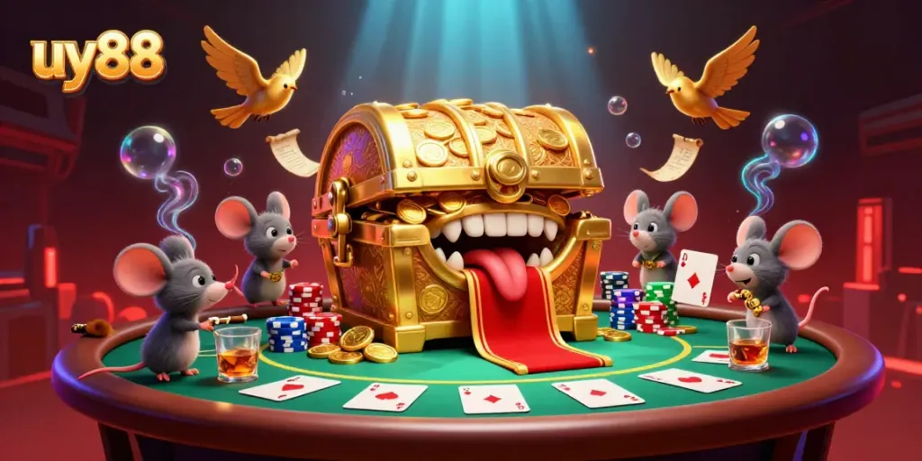 Experience the thrill of uy88 with a treasure chest and poker scene brimming with excitement and riches.