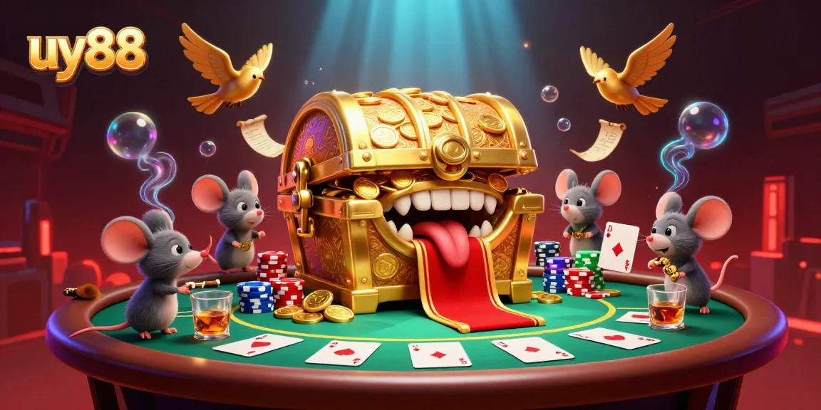 Experience the thrill of uy88 with a treasure chest and poker scene brimming with excitement and riches.