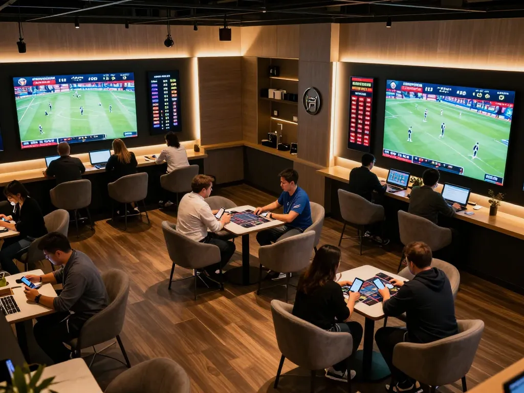 TIP88 sports enthusiasts placing bets in an energetic lounge environment, highlighting interactive betting moments.