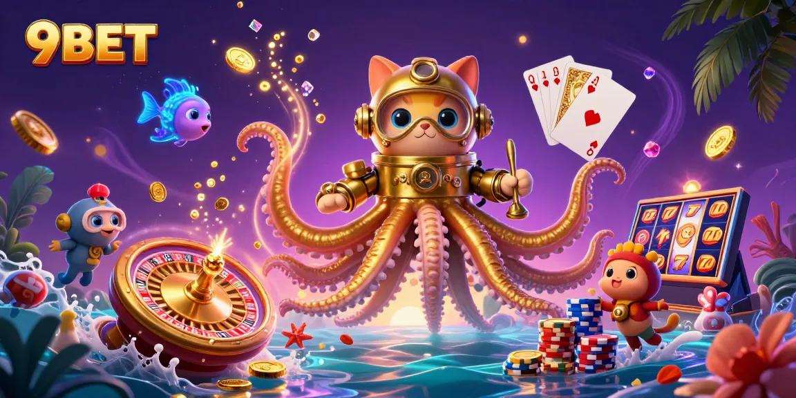 Experience thrilling games at 9BET, where a colossal kraken and diving cat unveil treasures.