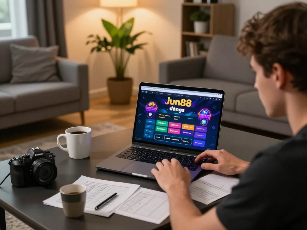 Engaged player performing jun88 đăng nhập on laptop in a cozy living room setting.