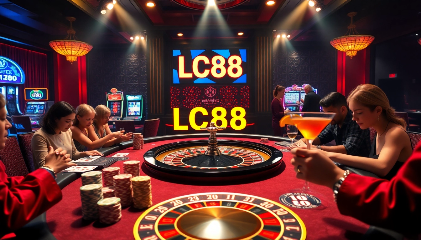 Engaging casino scene with players at a roulette table, showcasing LC88 excitement and glamour