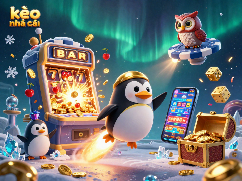 Experience exciting action with kèo nhà cái, featuring a golden penguin soaring to a jackpot at a casino.