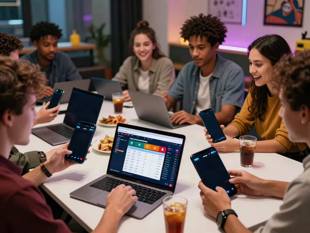 Friends enjoying live sports betting experience on FIVE88 platform during a thrilling game night.