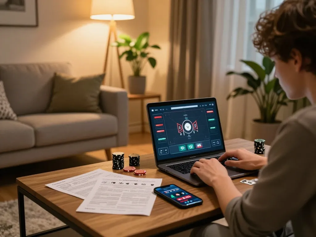 Engaged player on https://mm88.se.net/ using laptop for online poker with strategy notes visible.