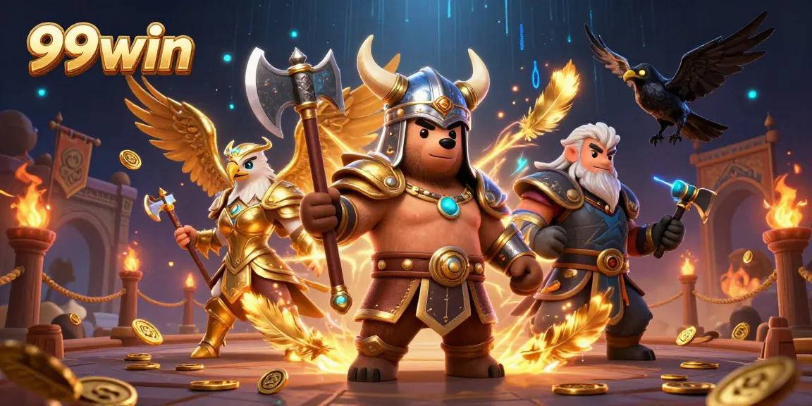 Engage with 99win in an epic recruitment scene of cartoon Vikings and eagles in a vibrant casino.