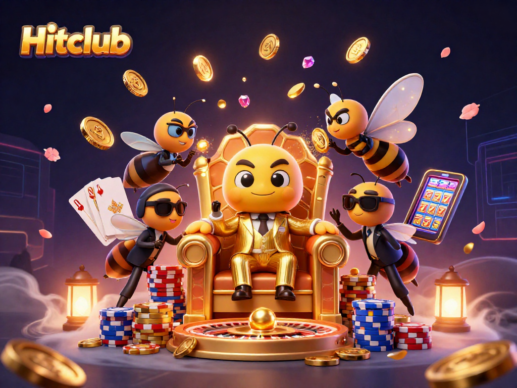 Experience Hitclub's vibrant casino action with a bumblebee mob boss surrounded by cards and coins.