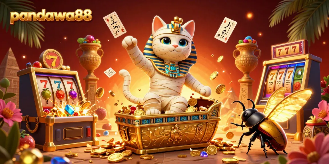 Pandawa88 showcases a vibrant pyramid casino scene with an Egyptian mummy cat surrounded by slot elements and glowing treasures.