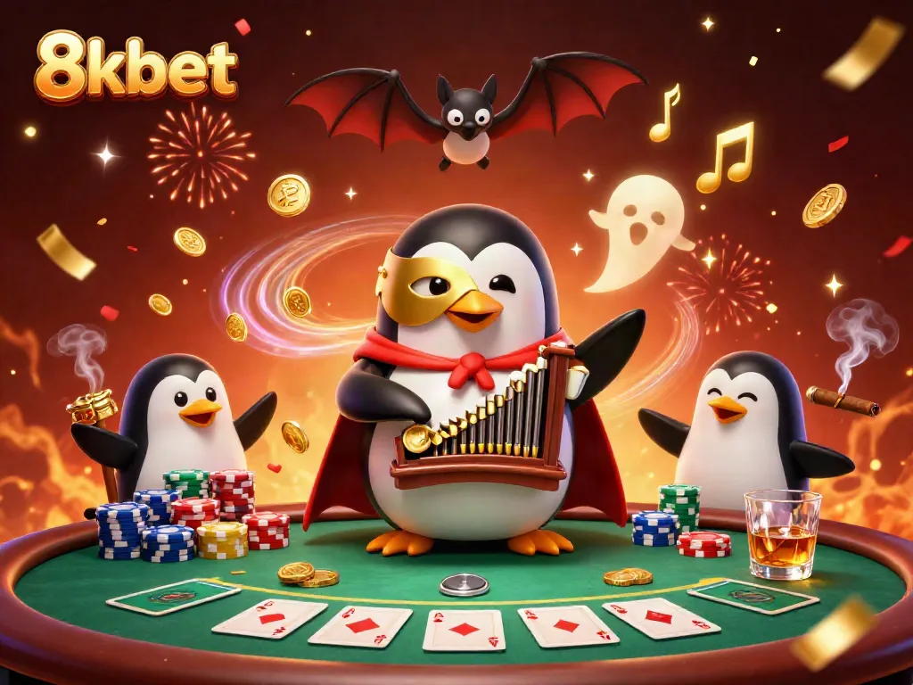 Experience thrilling wins with the 8kbet penguin playing an organ that rewards golden coins in a dynamic casino scene.