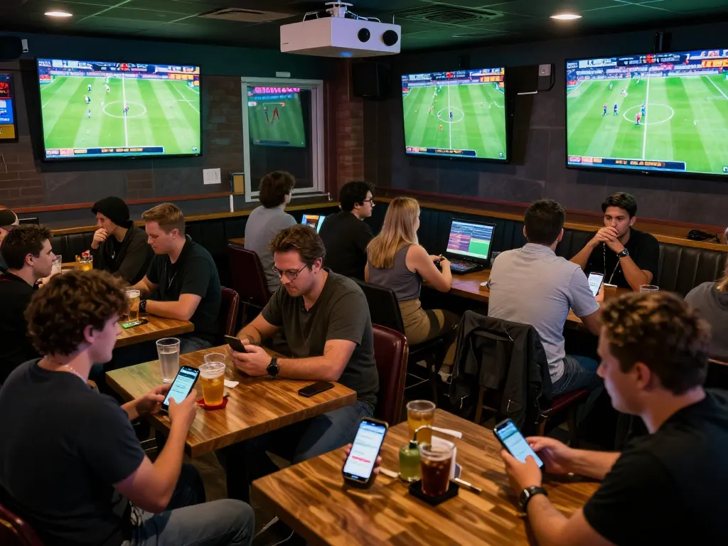 nowgoal enthusiasts discussing strategies over drinks in an energetic sports bar setting