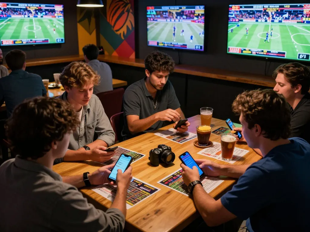 DABET players engaging in dynamic sports betting at a lively venue with multiple screens.