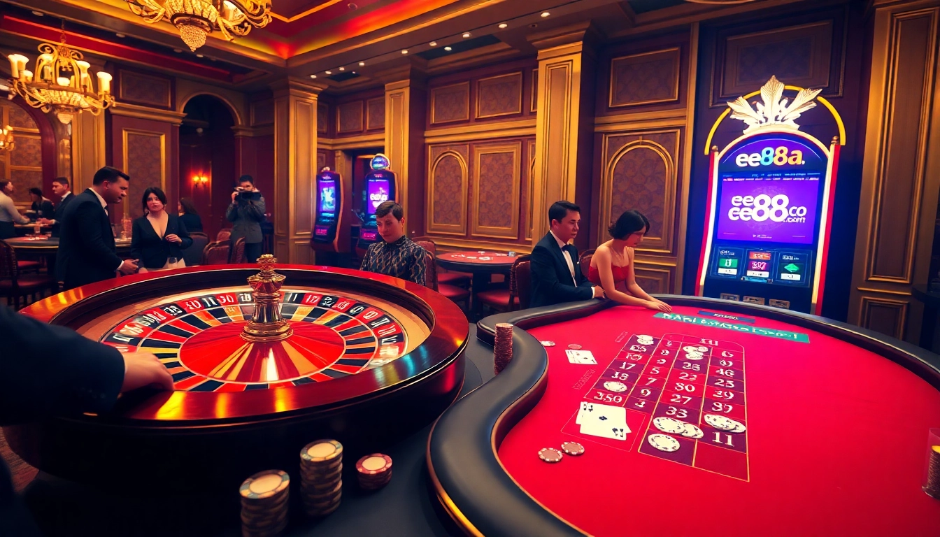 Experience thrilling gambling action at ee88a.co.com with an exciting casino scene featuring roulette and blackjack.