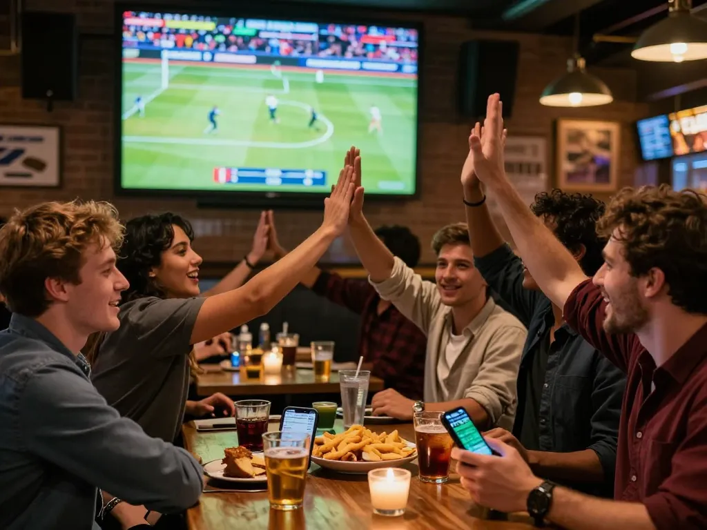 Engaging sports betting scene with friends monitoring kèo nhà cái hôm nay on smartphones.