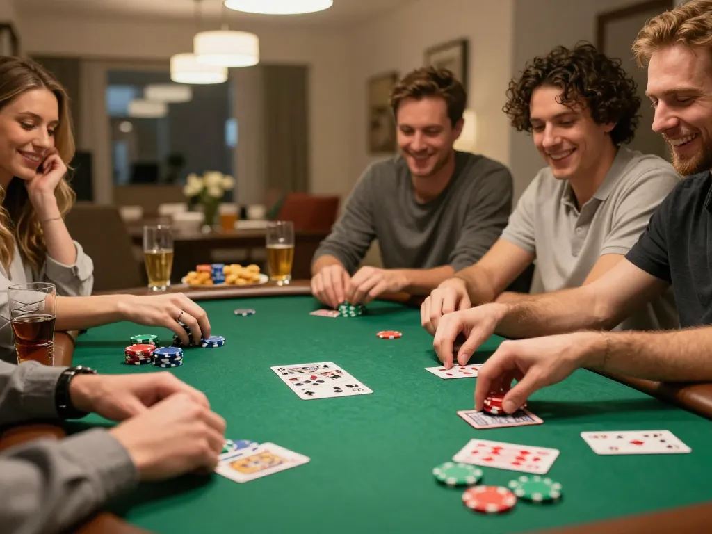 Friends enjoying a lively poker game at home, showcasing f168 casual gaming atmosphere and vibrant interactions.