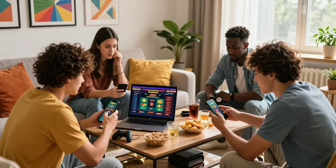 Friends enjoying credit card casinos online in a cozy living room setting.