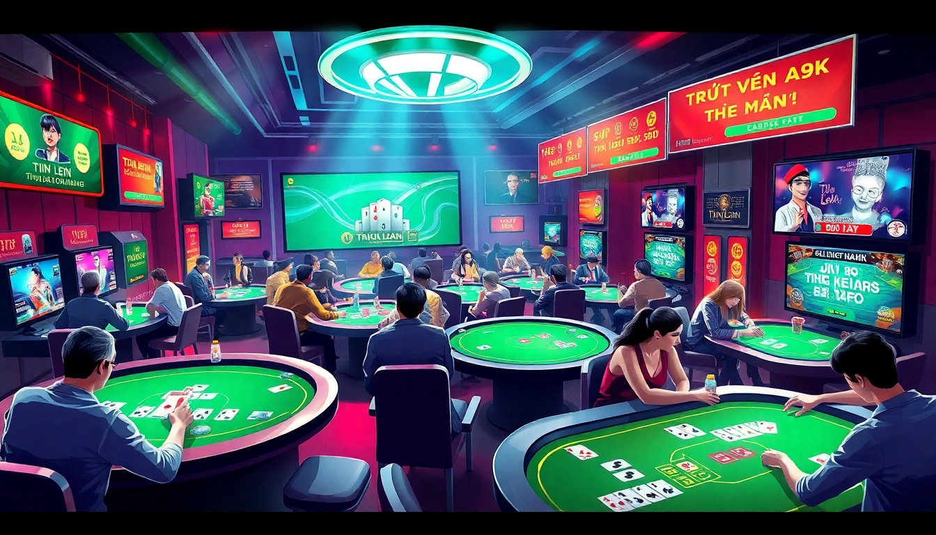 Exciting online gaming scene from gamebaidoithuong.com.vc showcasing players enjoying card games with vibrant graphics.