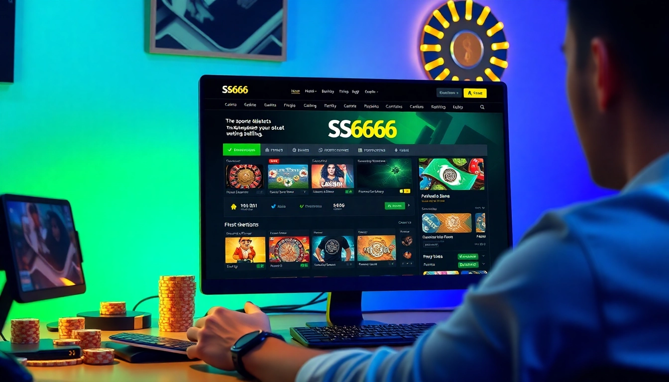 A user engaging with the S666.nyc online betting platform, showcasing various betting options and a vibrant atmosphere.