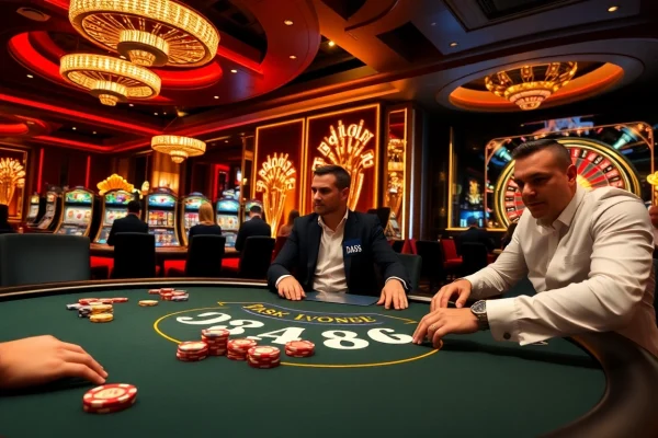 Players enjoying a thrilling blackjack game at DA88 casino, surrounded by vibrant slot machines and roulette wheels.