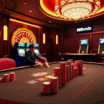 Gamblers strategize with chips and 888vnd at a vibrant poker table in a luxurious casino.