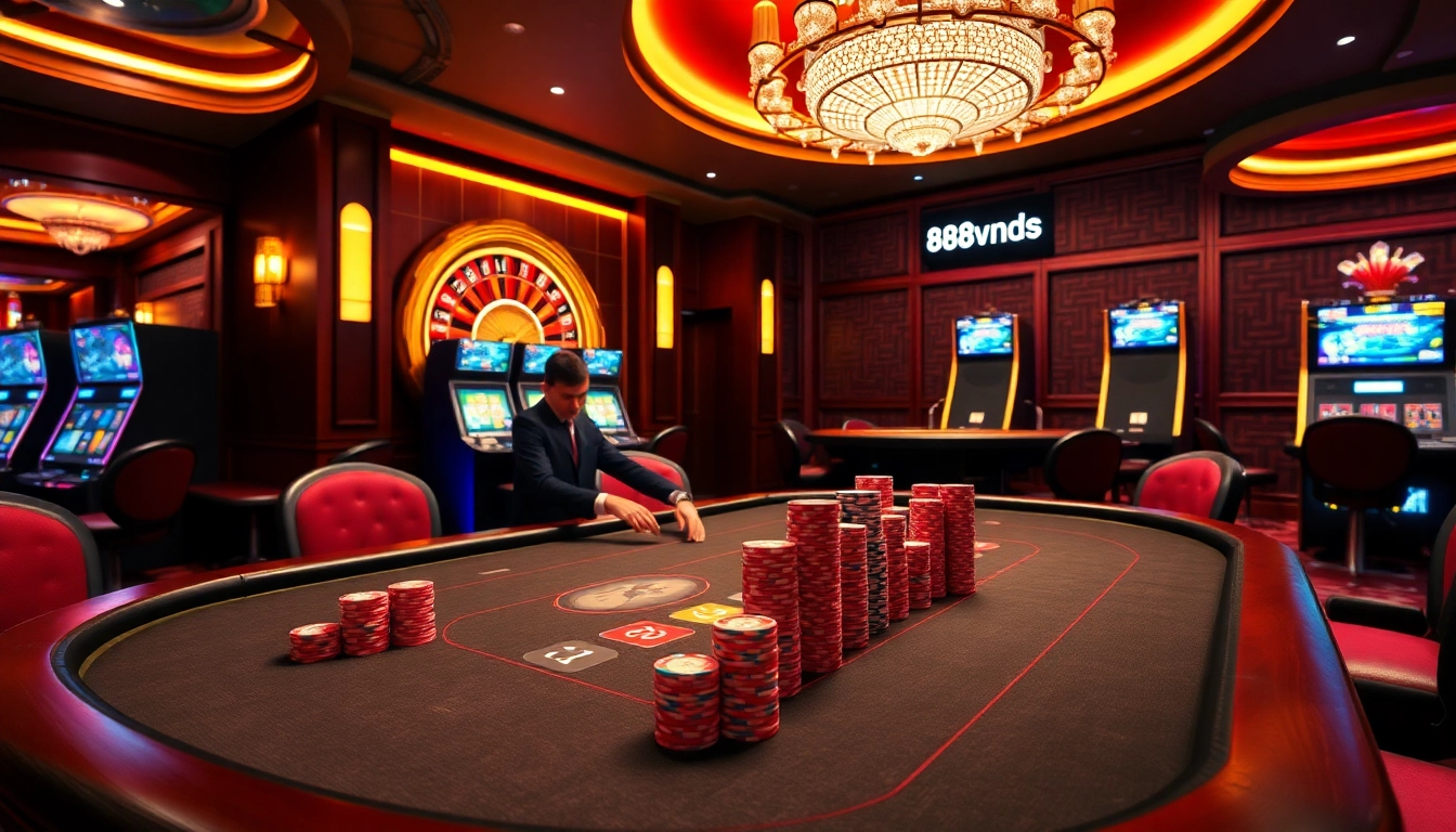 Gamblers strategize with chips and 888vnd at a vibrant poker table in a luxurious casino.